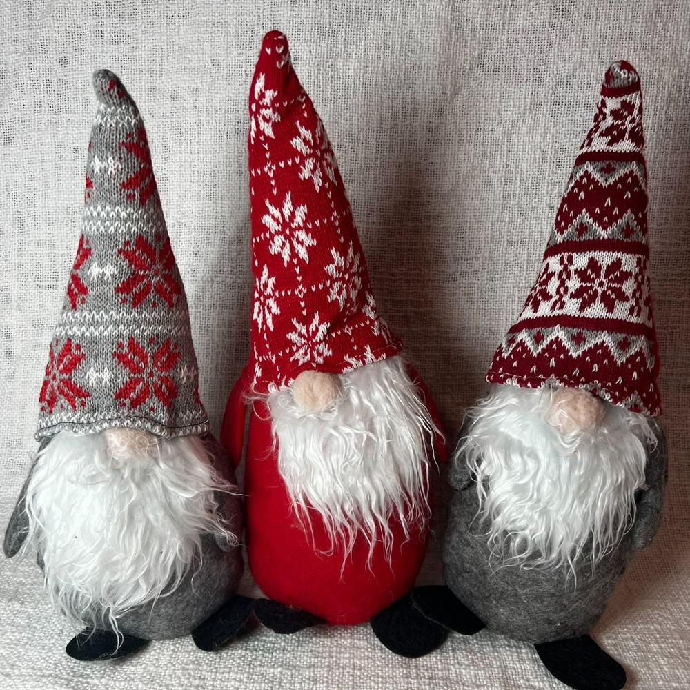 Set of 3 Christmas Gnomes‎ Stuffed Standing Holiday Nordic Red Gray 13.5"-14.5"H - Picture 3 of 5